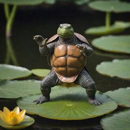 A striking image of an anthropomorphic turtle performing a kung fu stance on a lily pad, adorned in traditional martial arts attire.