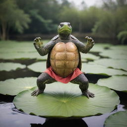 A striking image of an anthropomorphic turtle performing a kung fu stance on a lily pad, adorned in traditional martial arts attire.