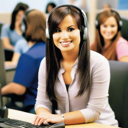 Demi Lovato, in her character from Camp Rock, is working at a call centre