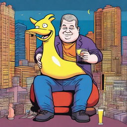 A humorous illustration of comedian Patton Oswalt getting really drunk while sitting on a Lambanana statue