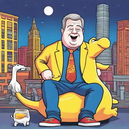 A humorous illustration of comedian Patton Oswalt getting really drunk while sitting on a Lambanana statue