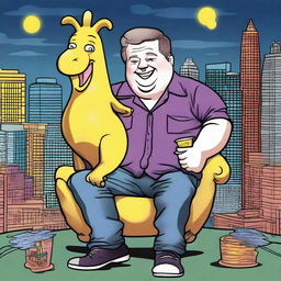 A humorous illustration of comedian Patton Oswalt getting really drunk while sitting on a Lambanana statue