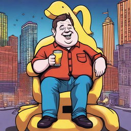 A humorous illustration of comedian Patton Oswalt getting really drunk while sitting on a Lambanana statue