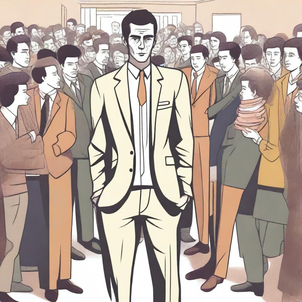 An illustration of a skinny man in a cheap suit awkwardly inserting himself into conversations where he's not welcome