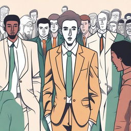 An illustration of a skinny man in a cheap suit awkwardly inserting himself into conversations where he's not welcome