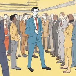 An illustration of a skinny man in a cheap suit awkwardly inserting himself into conversations where he's not welcome