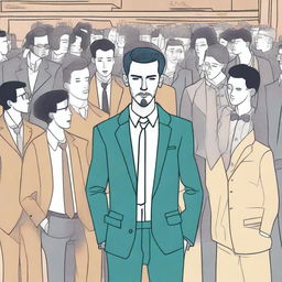 An illustration of a skinny man in a cheap suit awkwardly inserting himself into conversations where he's not welcome