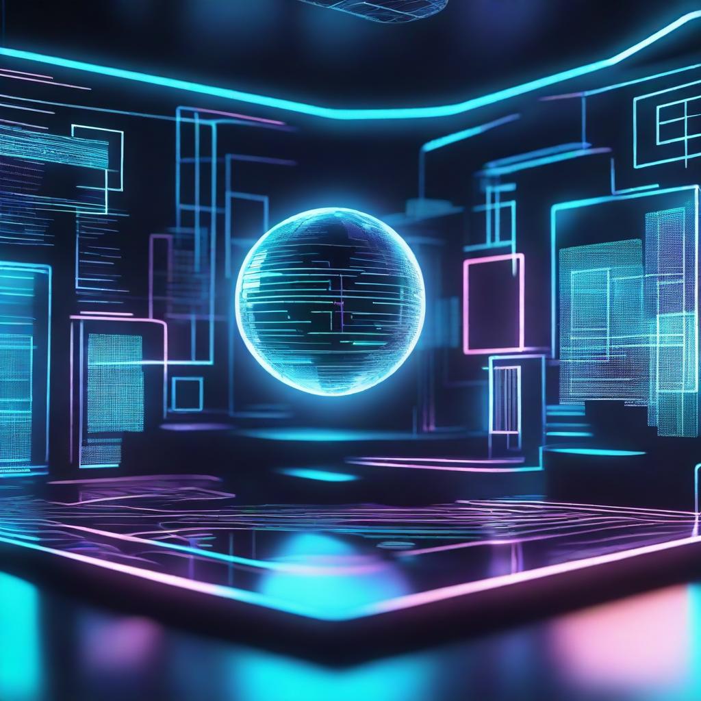 Create a digital world in three dimensions featuring black and blue colors