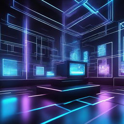 Create a digital world in three dimensions featuring black and blue colors