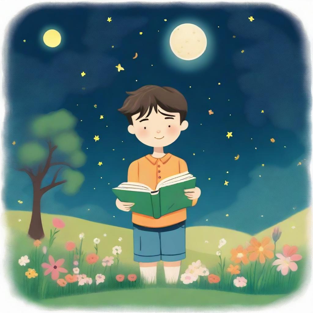 A whimsical illustration of a boy with flowers for eyes, standing on a grassy hill at night, reading poetry to the moon