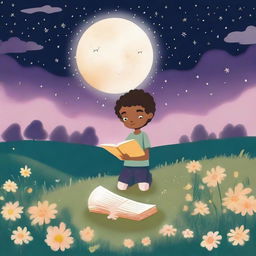 A whimsical illustration of a boy with flowers for eyes, standing on a grassy hill at night, reading poetry to the moon