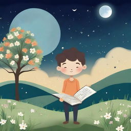 A whimsical illustration of a boy with flowers for eyes, standing on a grassy hill at night, reading poetry to the moon