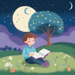 A whimsical illustration of a boy with flowers for eyes, standing on a grassy hill at night, reading poetry to the moon