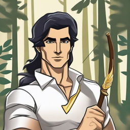 Create an image of an archer with black hair, carrying a white and gold bow