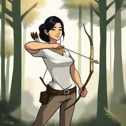 Create an image of an archer with black hair, carrying a white and gold bow