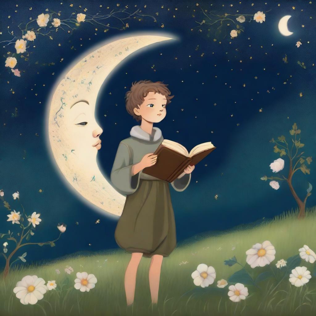 A renaissance-style painting of a boy with flowers for eyes, standing on a grassy hill at night, reading poetry to the moon