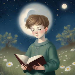 A renaissance-style painting of a boy with flowers for eyes, standing on a grassy hill at night, reading poetry to the moon