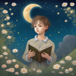 A renaissance-style painting of a boy with flowers for eyes, standing on a grassy hill at night, reading poetry to the moon