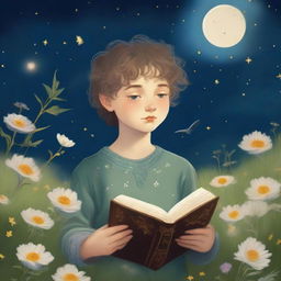 A renaissance-style painting of a boy with flowers for eyes, standing on a grassy hill at night, reading poetry to the moon