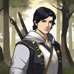 Create an image of an archer with black hair, carrying a white and gold bow