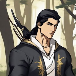 Create an image of an archer with black hair, carrying a white and gold bow