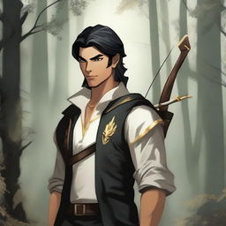 Create an image of an archer with black hair, carrying a white and gold bow