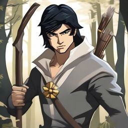 Create an image of an archer with black hair, carrying a white and gold bow