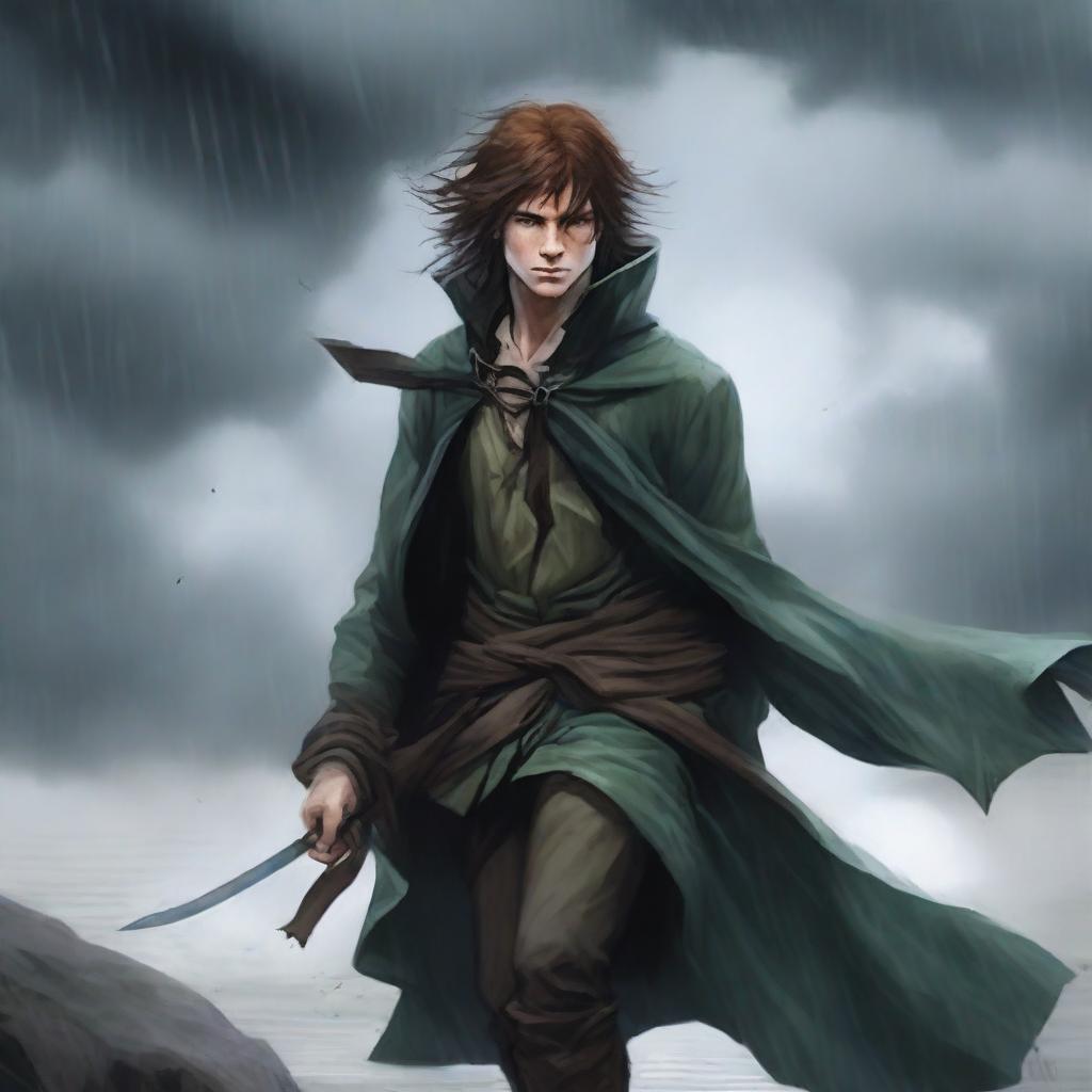 Create an image of Kvothe with black hair, wearing a long raincoat and carrying a bow