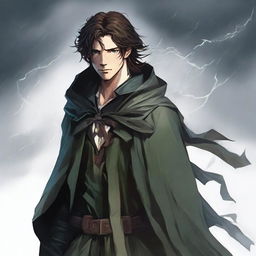 Create an image of Kvothe with black hair, wearing a long raincoat and carrying a bow