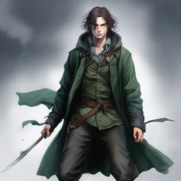 Create an image of Kvothe with black hair, wearing a long raincoat and carrying a bow