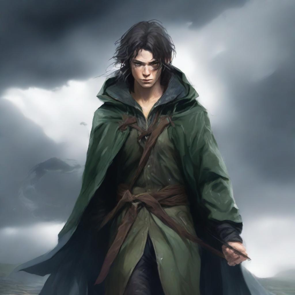 Create an image of Kvothe with black hair, wearing a long raincoat and carrying a bow