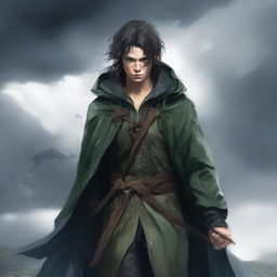 Create an image of Kvothe with black hair, wearing a long raincoat and carrying a bow