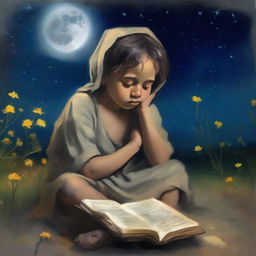 An oil painting depicting a beggar child with flowers for eyes, sitting under a beautiful, luminous moon