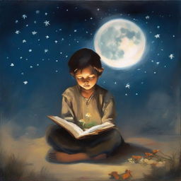 An oil painting depicting a beggar child with flowers for eyes, sitting under a beautiful, luminous moon