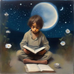 An oil painting depicting a beggar child with flowers for eyes, sitting under a beautiful, luminous moon