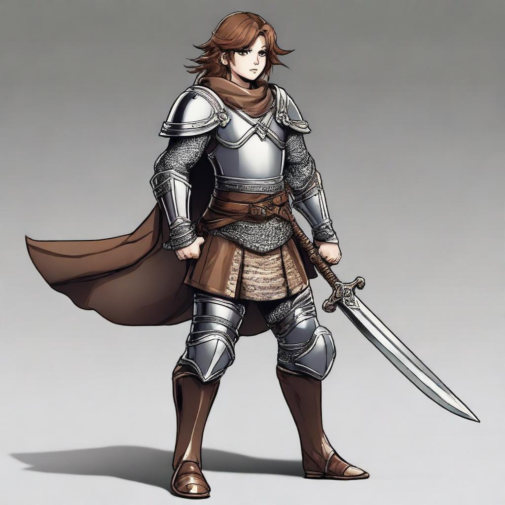 A young warrior with brown hair, wearing armor and wielding a massive sword, standing in a heroic pose