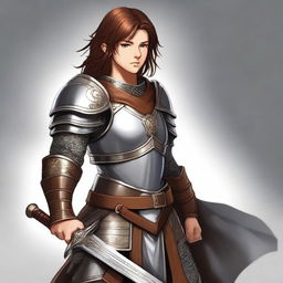 A young warrior with brown hair, wearing armor and wielding a massive sword, standing in a heroic pose