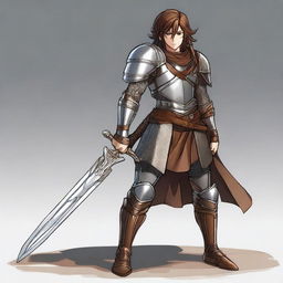 A young warrior with brown hair, wearing armor and wielding a massive sword, standing in a heroic pose