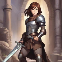 A young warrior with brown hair, wearing armor and wielding a massive sword, standing in a heroic pose in a Dungeons and Dragons world