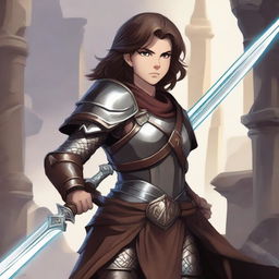 A young warrior with brown hair, wearing armor and wielding a massive sword, standing in a heroic pose in a Dungeons and Dragons world