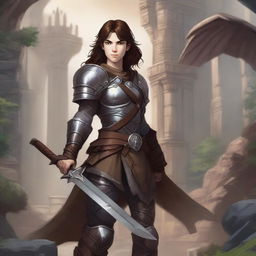 A young warrior with brown hair, wearing armor and wielding a massive sword, standing in a heroic pose in a Dungeons and Dragons world