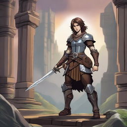 A young warrior with brown hair, wearing armor and wielding a massive sword, standing in a heroic pose in a Dungeons and Dragons world