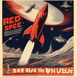 A 1950s-style American film poster for 'Red Space,' depicting a war between the Soviet Union and the USA in outer space over the control of Mars