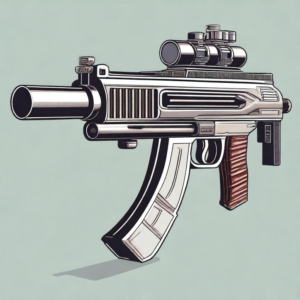 A detailed illustration of a retro-futuristic belt-fed machine gun designed to fire irradiated bullets