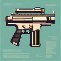 A detailed illustration of a retro-futuristic belt-fed machine gun designed to fire irradiated bullets