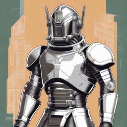 A detailed illustration of retro-futuristic powered armor