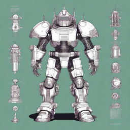 A detailed illustration of retro-futuristic powered armor