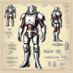 A detailed illustration of retro-futuristic powered armor