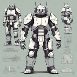 A detailed illustration of retro-futuristic powered armor