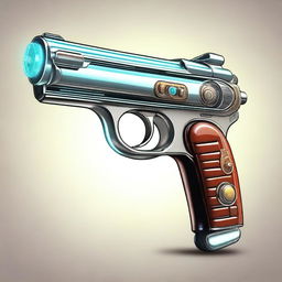 A highly detailed illustration of a 1950s style plasma pistol